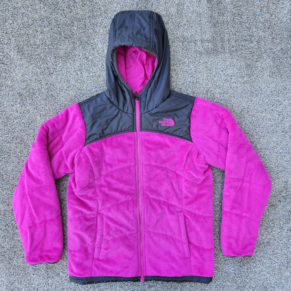 North Face Girls Reversible Jacket Pink Gray Zip Up Hooded Coat Size Large 14/16